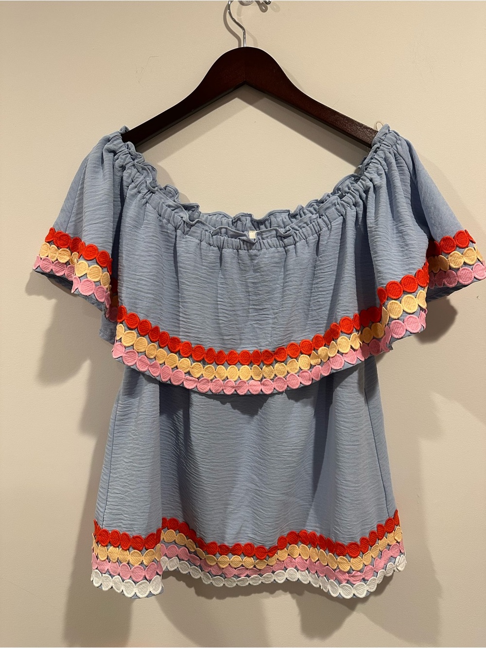 entro Light Blue Off-Shoulder Embroidered Ruffle Blouse